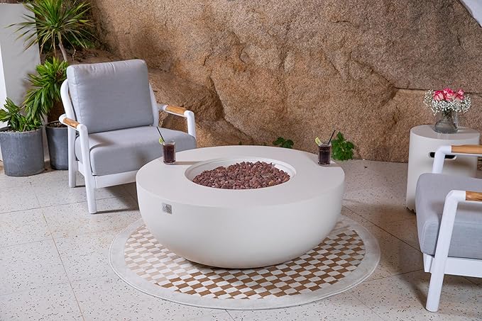 AMS Creations | Eclipse 44" Round Cast Concrete Natural Gas Fire Pit Bowl Table | Cream White | Smooth Texture Surface | Electronic Ignition | Outdoor Patio Heater Outside Backyard Fireplace