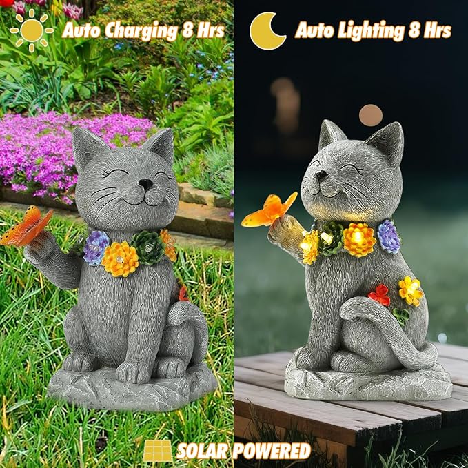 Solar Cat Garden Outdoor Statue - Yard Art with Succulents, 6 LED Lights and 1 Solar Butterfly Decorative Light, Ideal for Gardening Enthusiasts and Cat Lovers, Birthday Gift for Women