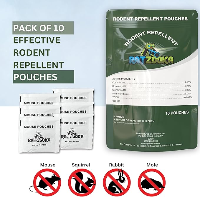 Extra-Strength Mouse Repellent Pouches with Cinnamon/Cornmint Oils, (10 Pouches) Natural Rodent Repellent, Indoor & Outdoor Mice Repellent, Safe for Pets and Kids