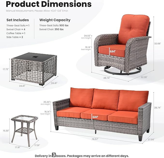 ovios 8 Pieces Patio Furniture Set, Outdoor Wicker Sofa Couch with Rocking Swivel Chairs Solar Lights Table, Modern Deep Seat Rattan Conversation Sets for Porch Deck, Orange Red