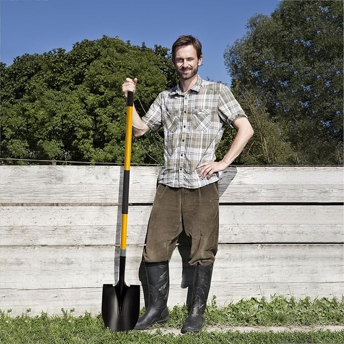 Heavy Duty Gardening Shovel, 56 Inch Round Blade with Fiberglass Handle (Yellow)