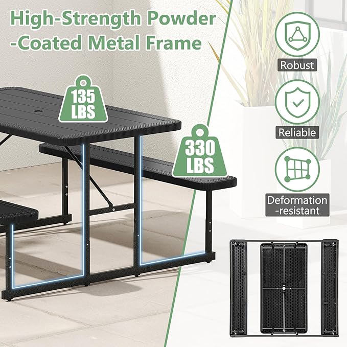 Tangkula Picnic Table, HDPE Outdoor Rectangular Table Bench Set with 2 Built-in Benches, Umbrella Hole, Metal Frame for 4 Person, Garden Yard Patio Lawn