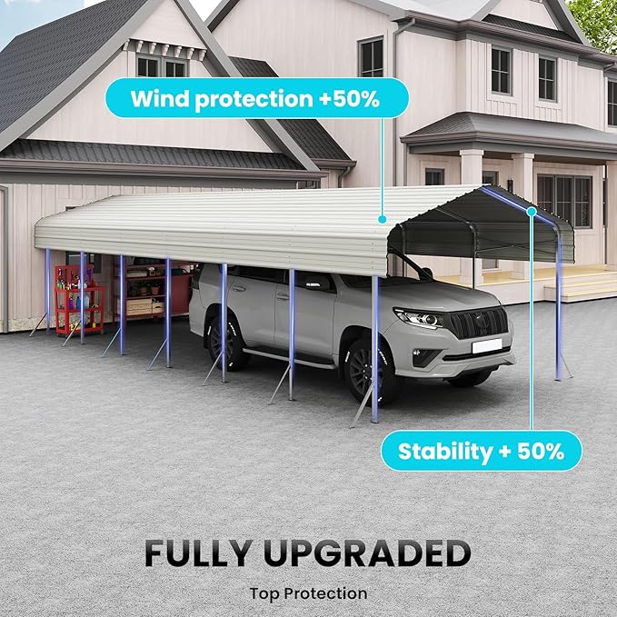 Heavy Duty Metal Carport – Sturdy Structure, All-Weather Protection, Easy Assembly for Cars, Trucks, Boats, Tractors, and Outdoor Storage (White, 14X30 FT)