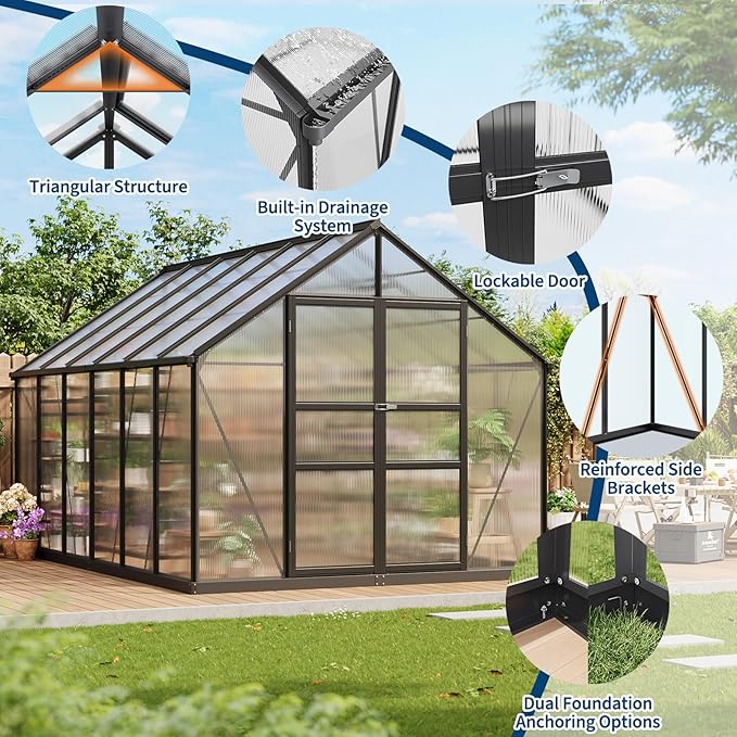 8x12 FT Greenhouse for Outdoors, Polycarbonate Greenhouse with Roof Vent, Ground Nails, Lockable Push Door, Aluminum Large Walk-in Green House for Outside Garden Backyard, Patio, Lawn