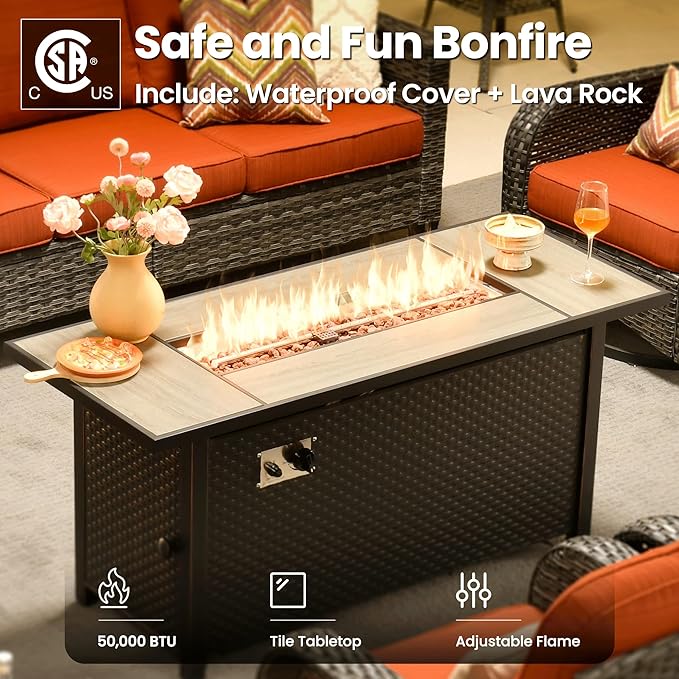 ovios 10 Pieces Patio Furniture Set, Outdoor Wicker Sofa Couch with Rocking Swivel Chairs Solar Lights Table Fire Pit, Modern Deep Seat Rattan Conversation Sets, Orange Red