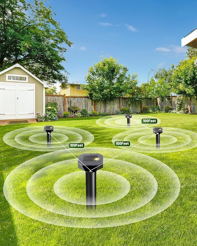 Snake & Mole & Rabbit & Skunk Repellent Solar Powered, 2025 Upgraded Ultrasonic Deterrent, IP65 Waterproof, Gopher Groundhog Chipmunk Raccoon and Vole Repellent & Deterrent for Lawn & Garden, 4 Pack