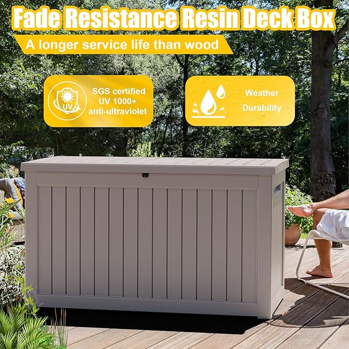 230 Gallon Large Deck Box,Resin Outdoor Storage Box with Lockable for Patio Furniture, Pool Accessories, Garden Tools Waterproof Outside Storage Box, Grey