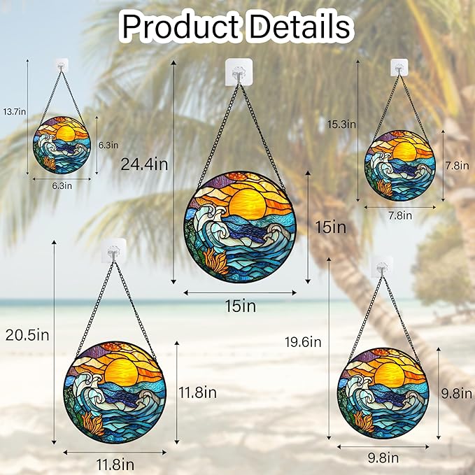 Stained Glass Window Hanging, Orange Sun Blue Sea Waves Landscape Suncatcher for Doors Window Home Sun Catchers Decor Mother's Day Birthday Gifts for Women, Men Mom 6.3 in