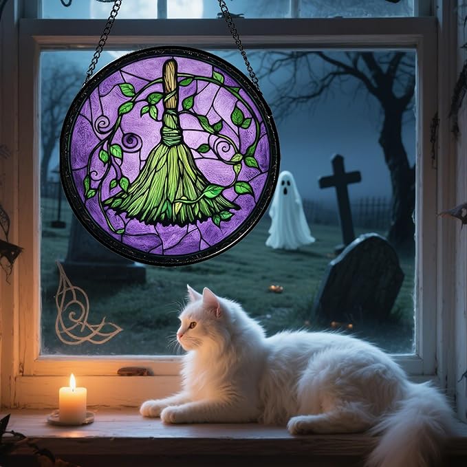 Stained Glass Window Hanging - Halloween Decorations Witch Magic Broom Suncatcher for Doors Garden Indoor Funny Spooky Sun Catchers Gothic Decor Horror Gifts for Women Men Friend 15 in