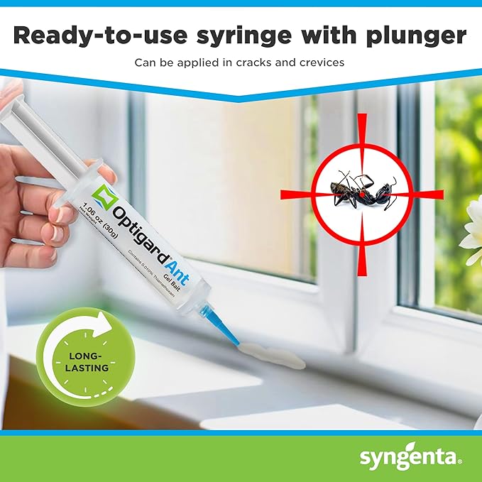 Optigard Ant Gel Bait, 4 Tubes x 30-Grams, 1 Plunger and 2 Application Tips, Effective Ant Bait, Formulated with 0.01% Thiamethoxam, Indoor and Outdoor Use, Ant Killer Gel for Most Major Ant Species