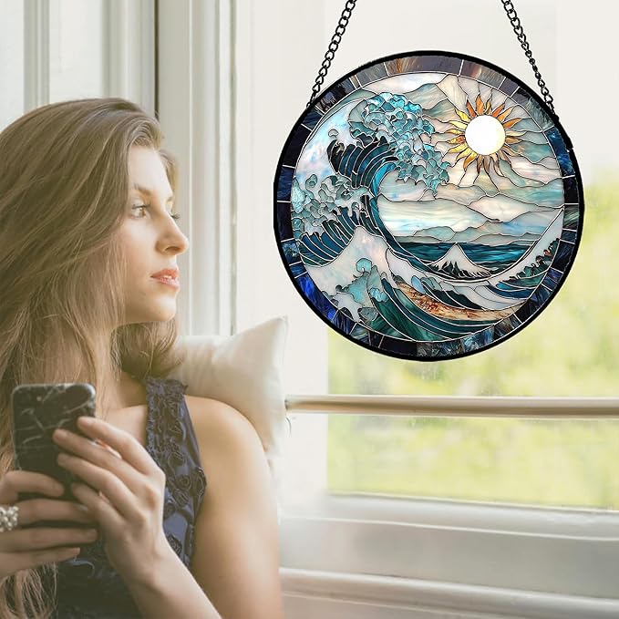Stained Glass Window Hanging - White Sun Big Wave Suncatcher for Door Terrace Garden Home Decor Blue Ocean Landscape Sun Catcher Birthday Gifts for Lovers Women Men Dad Mom Nana 15 in