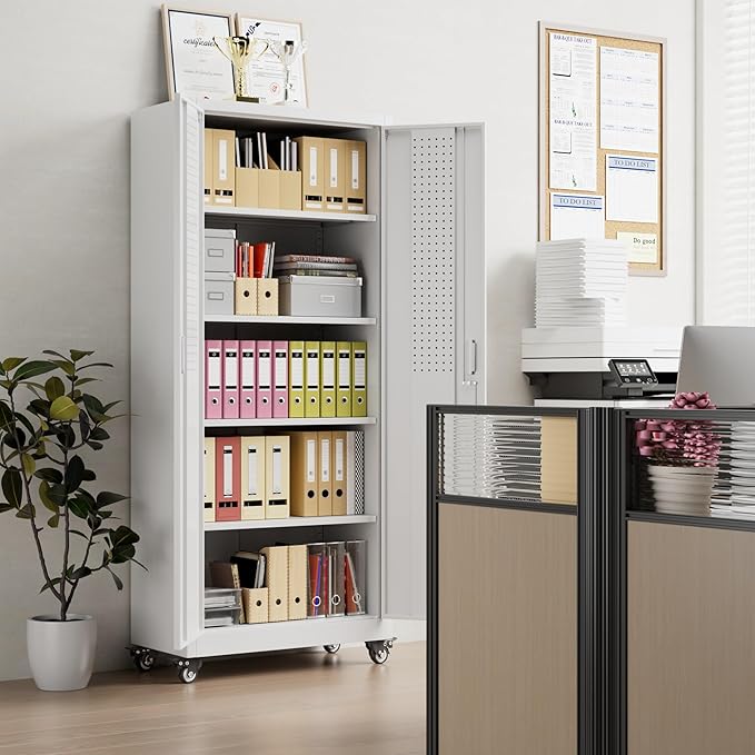 Metal Storage Cabinet with Wheels, Garage Storage Cabinet with 4 Adjustable Shelves and Pegboard for Garage Home Office Utility Room,73" H×31.57" W×15.71" D,Required Assembly,White