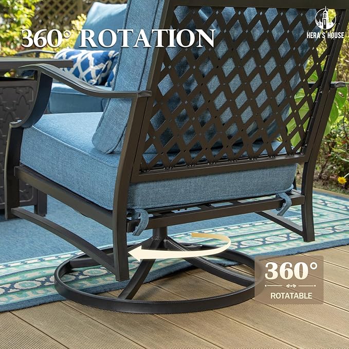 HERA'S HOUSE 7 Piece Patio Furniture Set, 2 x Swivel Chair, 2 x Leg Chair, 2 x Ottoman, 1 x 3-Seat Sofa, All Cushioned 9 Seats Metal Outdoor Conversation Set for Lawn Garden Backyard
