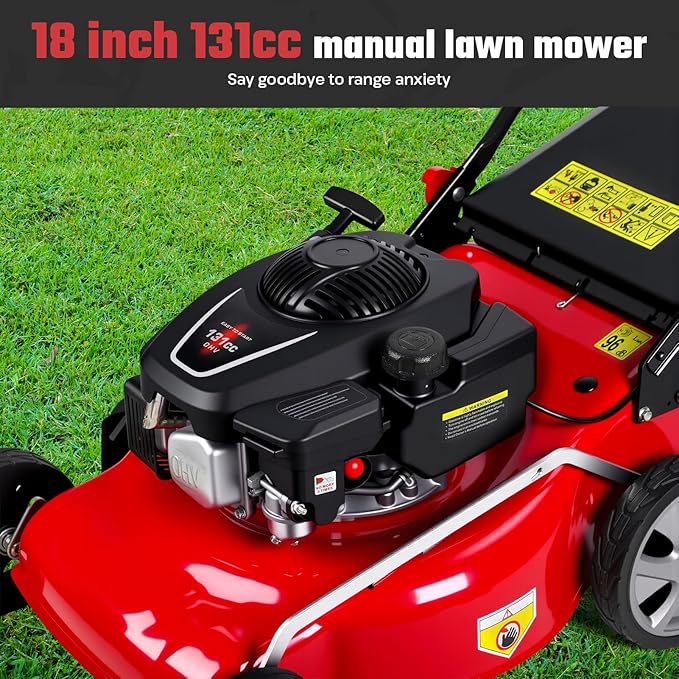 Gas Lawn Mower 131cc 4-Cycle, 3-in-1 Push Lawn Mower with 50L Grass Bag, Adjustable Cutting Height, Low Noise & Fuel-Efficient Design for Lawn, Yard and Garden Care