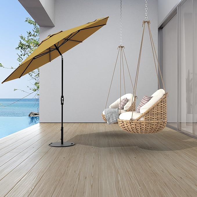 Midtown Umbrellas The Swilt 8 Feet Patio Umbrella in Terylast Sand (Tan) Polyester Fabric - Fiberglass Ribs, Auto-Tilt Aluminum Frame For Backyard, Deck, Garden, Pool - White Pole