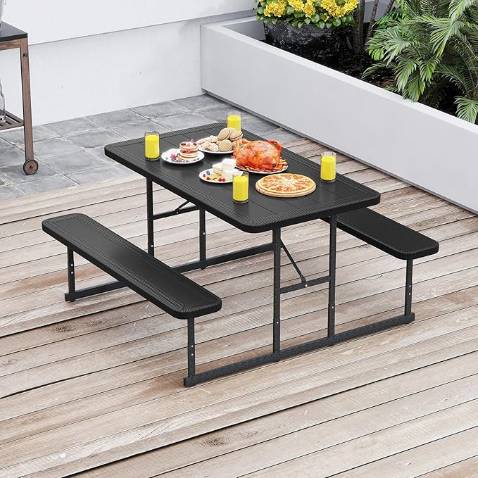 Tangkula Picnic Table, HDPE Outdoor Rectangular Table Bench Set with 2 Built-in Benches, Umbrella Hole, Metal Frame for 4 Person, Garden Yard Patio Lawn