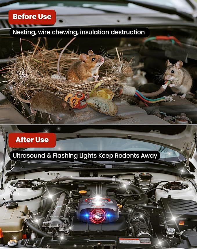 2 Pack Ultrasonic Rodent Repellent for Car Engines, Under Hood Mouse Repellent with 4 LED Strobe Lights, USB Powered, Keep Rats, Mice and Squirrels Away from Vehicles, RVs, Garages, Attics (2, Black)