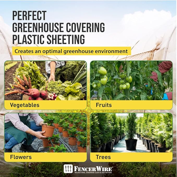 Fencer Wire 6 mil Clear Greenhouse Plastic Sheeting UV Resistant Polyethylene Greenhouse Film, Hoop House Cover for Horticulture, Gardening, Farming and Agriculture 90% Light Transmittance, 32β x 50β