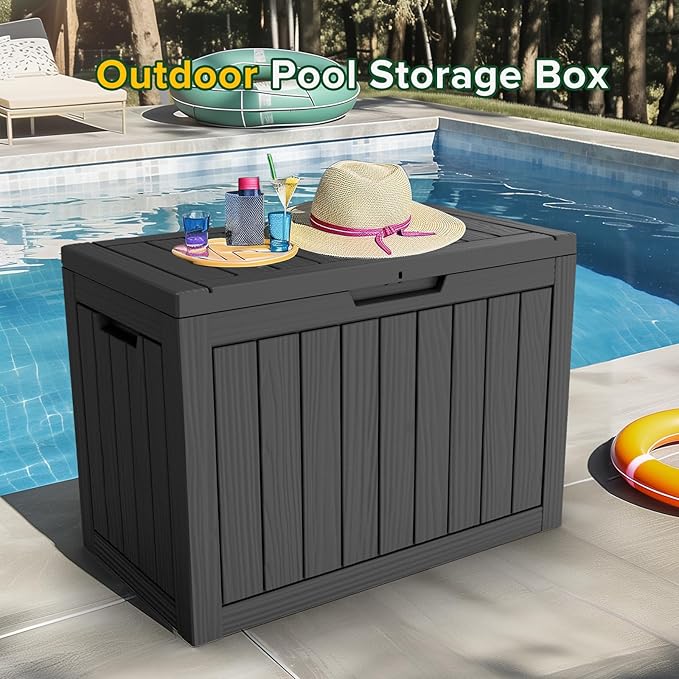 45 Gallon Waterproof Large Resin Deck Box Indoor/Outdoor Lockable Storage Container and Seating for Garden, Pool, and Patio (45 Gallon, Black)