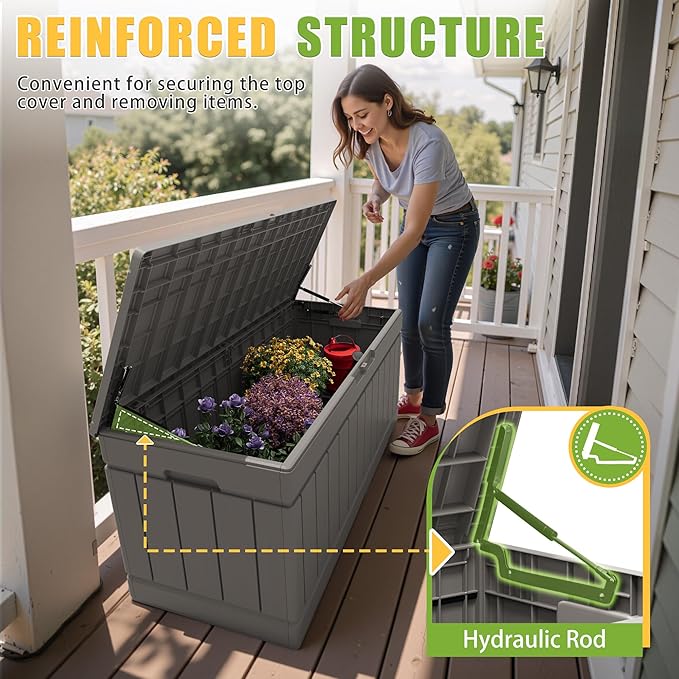 Greesum 82 Gallon Resin Deck Box Large Outdoor Storage for Patio Furniture, Garden Tools, Pool Supplies, Weatherproof and UV Resistant, Lockable, Coffee
