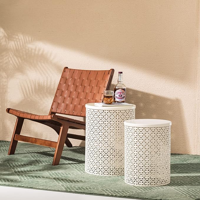 Glitzhome Outdoor Side Table Set of 2, Decorative Garden Stool for Indoor Outdoor Heavy Duty Metal Frame Accent Table Modern End Table, Cream White