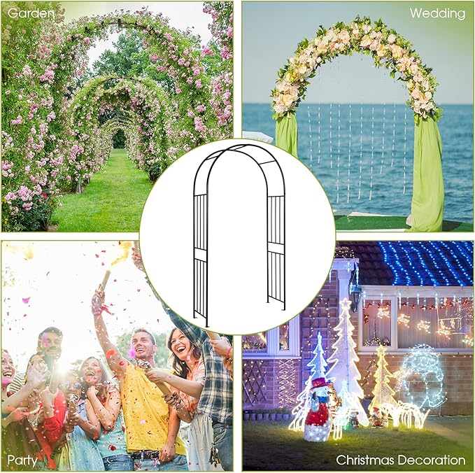 LDAILY Moccha Garden Arch Arbor Trellis, 7.2Ft Outdoor Steel Arbor with Stakes, Metal Archway for Climbing Plants, Wide Sturdy Garden Arch for Lawn, Party, Ceremony Wedding Decoration, Black