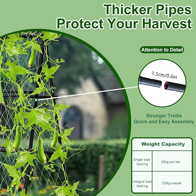 unho Garden Trellis for Climbing Plants with Tough Nylon Netting, 6ft Tall Sturdy Rustproof Metal Plant Support Tower for Vegetable Fruit Vine Cucumber Garden Lightweight,Outdoor