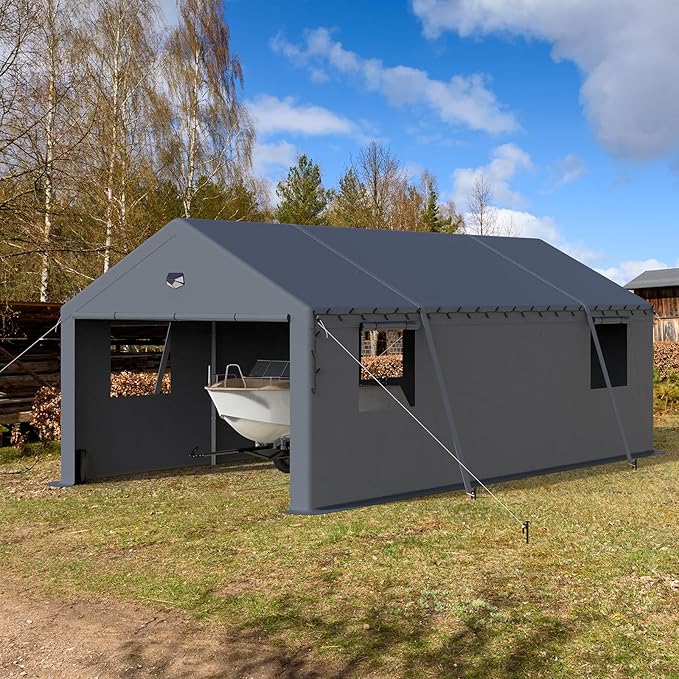 13x25 Carport, Heavy Duty Carport Canopy Garage with Removable Sidewalls and Drive Through Roll Up Zipper Doors, Grey