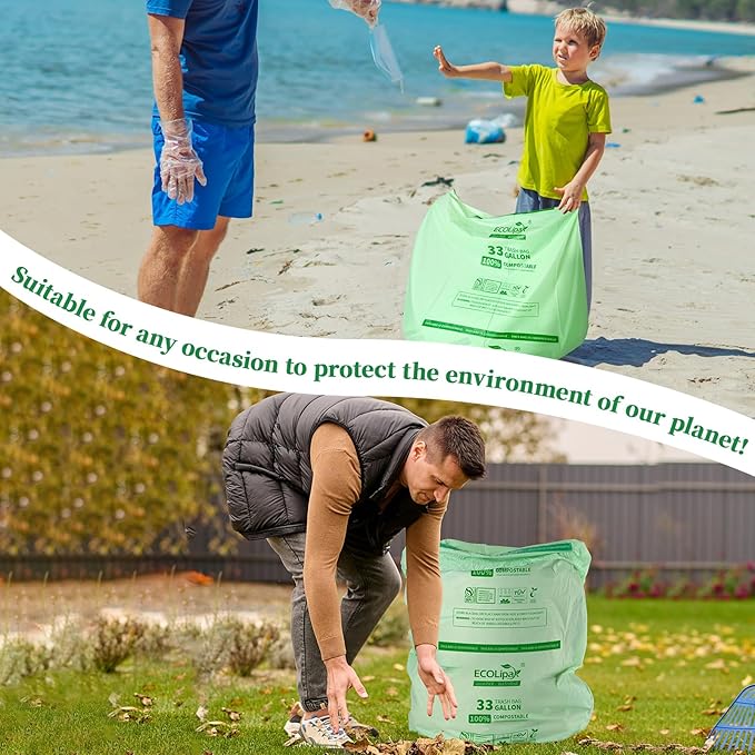 ECOLipak 33 Gallon Compostable Trash Garbage Bags, 25 Count (1 Roll) Biodegradable Heavy Duty Large Outdoor Trash Bags for Lawn/Yard, US BPI ASTM D6400 and OK Compost Home Certified