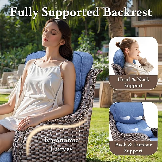 Luxury High Back Outdoor Furniture with 6-inch Extra Thick Cushions, Patio Furniture Set with Swivel Chairs, 4 PCS Wicker Conversation Set for Yard, Deck, Poolside, Brown/Blue