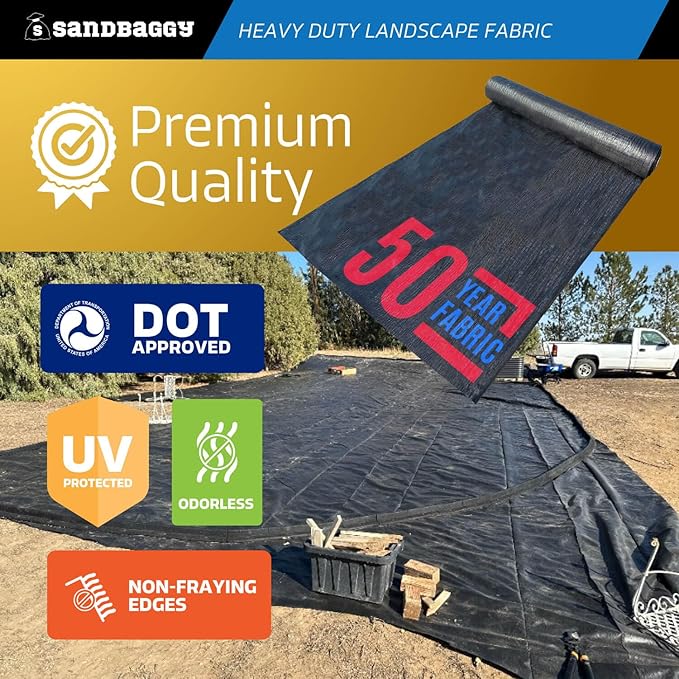 Sandbaggy 15 ft Heavy Duty Landscape Fabric | 50 Year Fabric | 6 oz Extra Thick Weed Barrier | Rock & Gravel Landscaping | UV Resistant | 365 Weed Free Guarantee (15 ft x 100 ft, 1, Count)