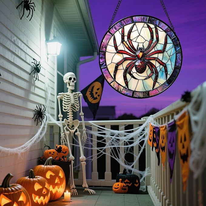 Stained Glass Window Hanging - Halloween Decorations Red Spider Goth Suncatcher for Doors Garden Indoor Funny Spooky Sun Catchers Gothic Decor Horror Gifts for Women Men Friend 11.8 in