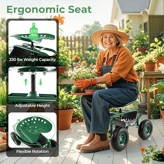 S AFSTAR Rolling Garden Cart, Wagon Scooter with 360° Swivel Seat, Storage Tray, Basket & Rubber Wheels, Heavy-Duty Gardening Tool Cart for Weeding, Patio & Yard (Green)