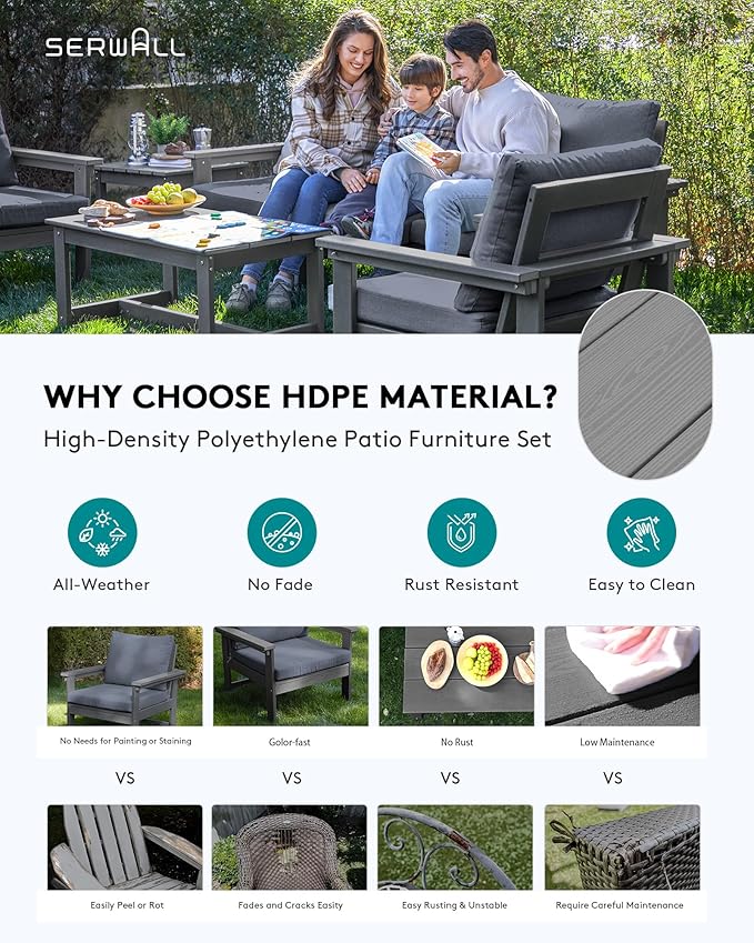 SERWALL HDPE Patio Furniture Set with 15FT Double Side Patio Umbrella, 7-piece Outdoor Modular Sectional Sofa Set, All Weather Patio Couch Set for Deck, Gray & Gray Cushion(Umbreall Base not Included)