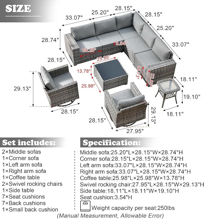 HOOOWOOO 9 Piece Modular Patio Outdoor Sectional Furniture Set with Swivel Rocking Chairs,Wicker Conversation Sofa Set,Outside Couch Set with Wide Arm(Dark Grey)