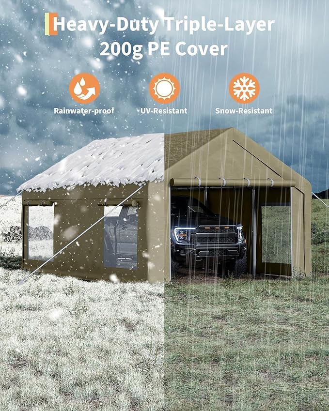 10X20Ft Waterproof Carport Canopy with Roll-Up Mesh Windows & Double Zipper Doors, 180g PE Tarp Cover for Cars, Trucks, SUVs, RVs, Boats & Outdoor Equipment Storage, Khaki