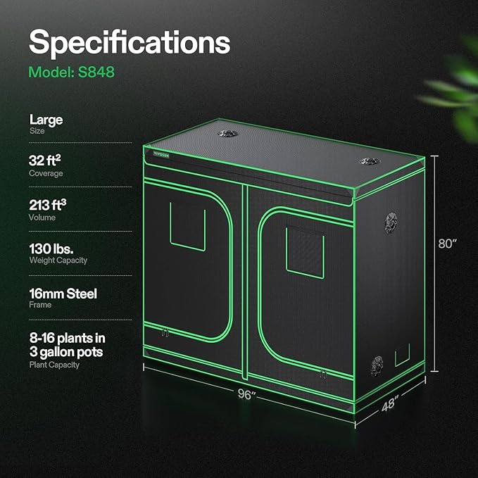 VIVOSUN S848 4x8 Grow Tent, 96"x48"x80" High Reflective Mylar with Observation Window and Floor Tray for Hydroponics Indoor Plant for VS4000/VSF4300