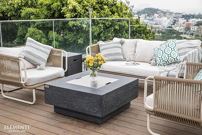 Elementi Manhattan Gas Fire Pit Bundle Concrete Fire Table, Outdoor Fire Pit Electronic Ignition | Canvas Cover, Lava Rock Included | Free AMS Wind Guard | Dark Gray (Natural Gas)