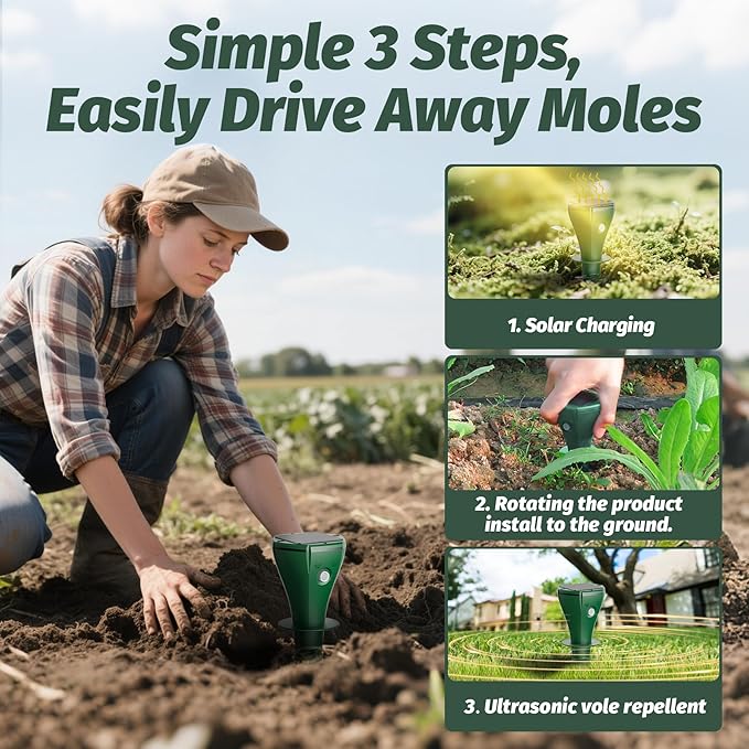 Mole Repeller for Lawns,Solar Powered Vole Repellent Ultrasonic Pest Control Stake, Waterproof Sonic Pulse Deterrent for Gopher Vole Snake in Lawn, Garden & Yard
