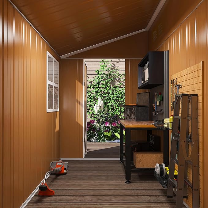 8x4 FT Outdoor Steel Storage Shed with Clear Windows, Outswing Lockable Door & Ventilation, Brown and White Weather-Resistant Metal Tool Shed for Garden, Backyard, Lawn, and Utility Storage