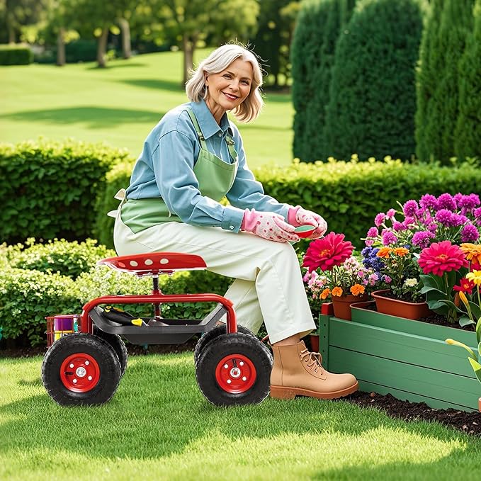 S AFSTAR Rolling Garden Cart, Wagon Scooter with 360° Swivel Seat, Storage Tray, Basket & Rubber Wheels, Heavy-Duty Gardening Tool Cart for Weeding, Patio & Yard (Red)