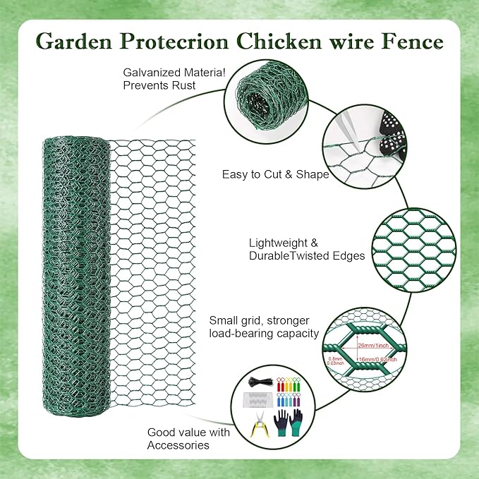 39.4ft x16In Plant Protectors from Animals, Plant Cages for Outdoor Plants, Wire Plant Protector Cage,Chicken Wire Cloche with Gloves, Plier, Ground Stakes & Nylon Ties Protect Plants from Animals 