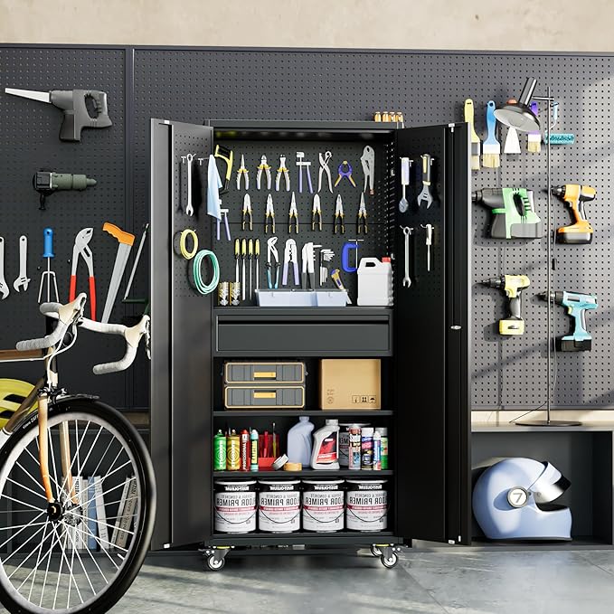71" H*15" D*30" W Metal Garage Storage Cabinet with Wheels and Doors,Lockable Tool Storage Cabinet with Pegboard Hooks and Drawer for Garage Warehouse Home,Required Assembly,Black