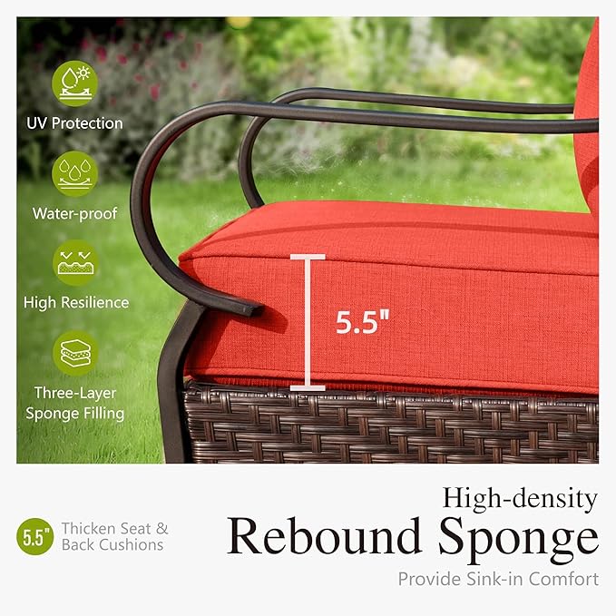Sophia & William Patio Furniture Set, 5 Piece Metal Outdoor Conversation Set with 3-Seater Outdoor Couch, 2 Swivel Chairs, 1 Loveseat,1 Coffee Table for Outdoor Seating, Backyard, Porch(Red)