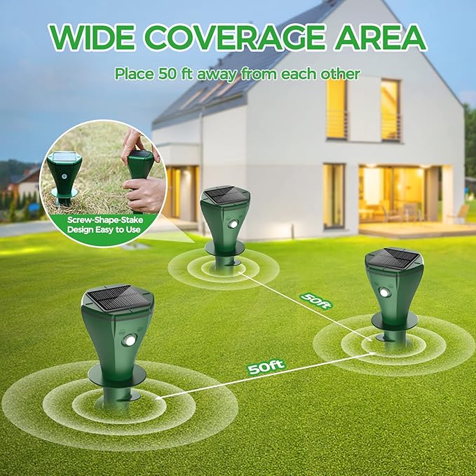 Mole Repellent Solar Powered, 4 Pack Solar Powered Mole Repellent, Groundhog Repellent for Outside, IP65 Waterproof Ultrasonic Vole Repeller Outdoor, Mole, Skunk Deterrent for Yard, Lawns, Garden