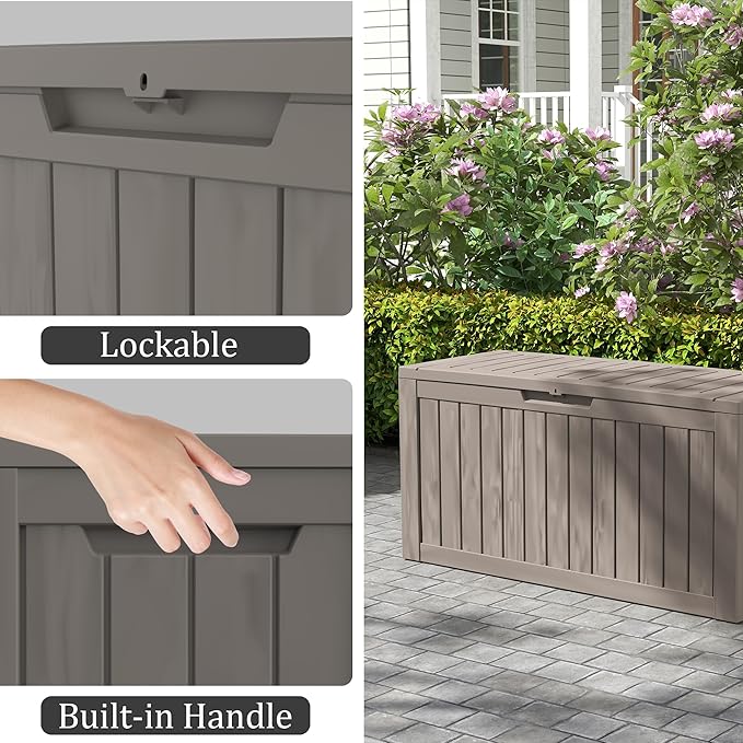 75 Gallon Deck Box, Resin Outdoor Indoor Waterproof Storage Box, Lockable Storage Box With Handle for Patio Furniture - Garden Tools - Swimming Pool Tools UV-Resistant, Brown