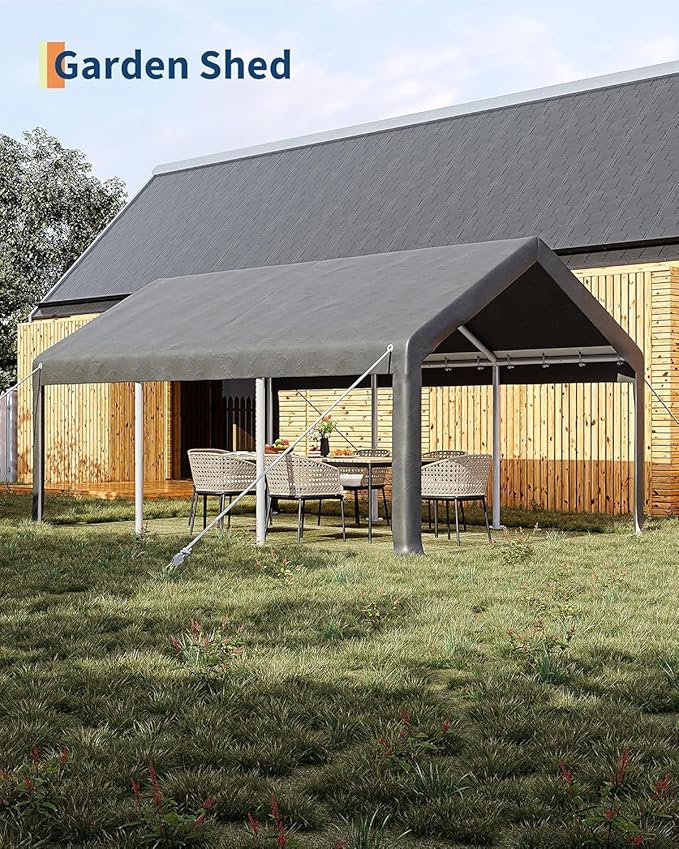 13X20Ft Waterproof Carport Canopy with Roll-Up Mesh Windows & Double Zipper Doors, 200g PE Tarp Cover for Cars, Trucks, SUVs, RVs, Boats & Outdoor Equipment Storage, Grey