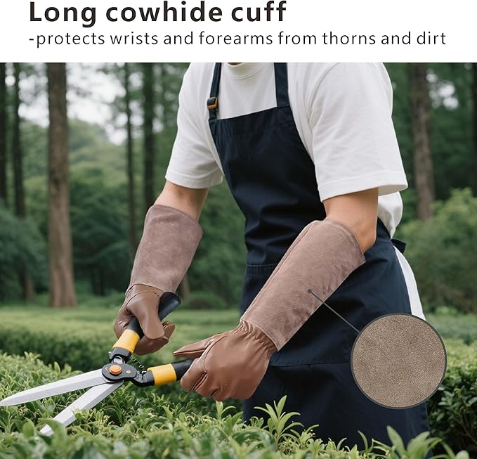 Leather Gardening Gloves – Goatskin Palm & Cowhide Cuff, Thorn-Resistant Long Garden Work Gloves for Men & Women(XS)