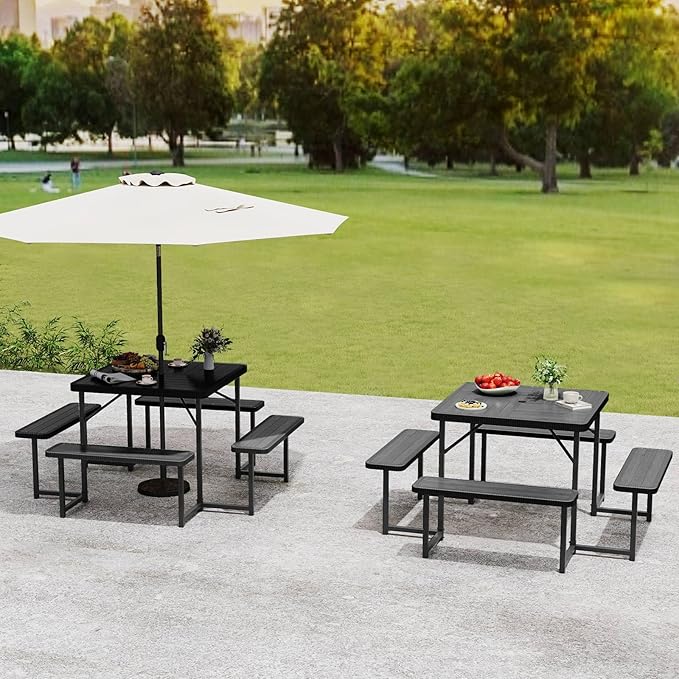 Tangkula 8 Person Picnic Table, HDPE Outdoor Square Table and Bench Set with 4 Built-in Benches, Umbrella Hole, Metal Frame for Garden Yard Patio Lawn