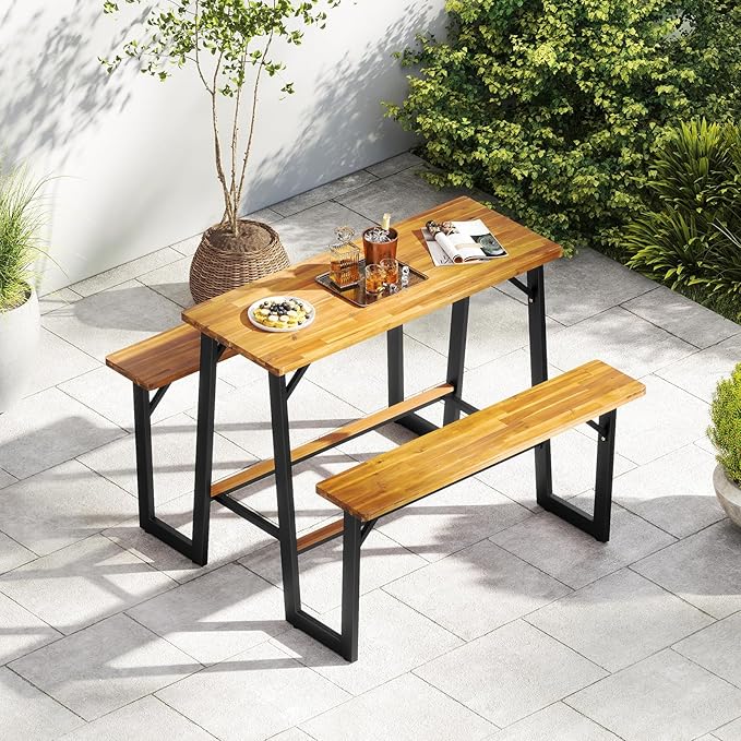 Tangkula Acacia Wood Picnic Table, 4-Person Outdoor Rectangular Table and Bench Set with 2 Built-in Benches, Footrests, Umbrella Hole, Heavy-Duty Metal Frame for Backyard, Poolside, Garden (Natural)